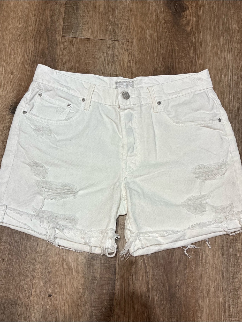 MOTHER The Loosey Fray Short Party Crashers White Distressed Denim Shorts 26
